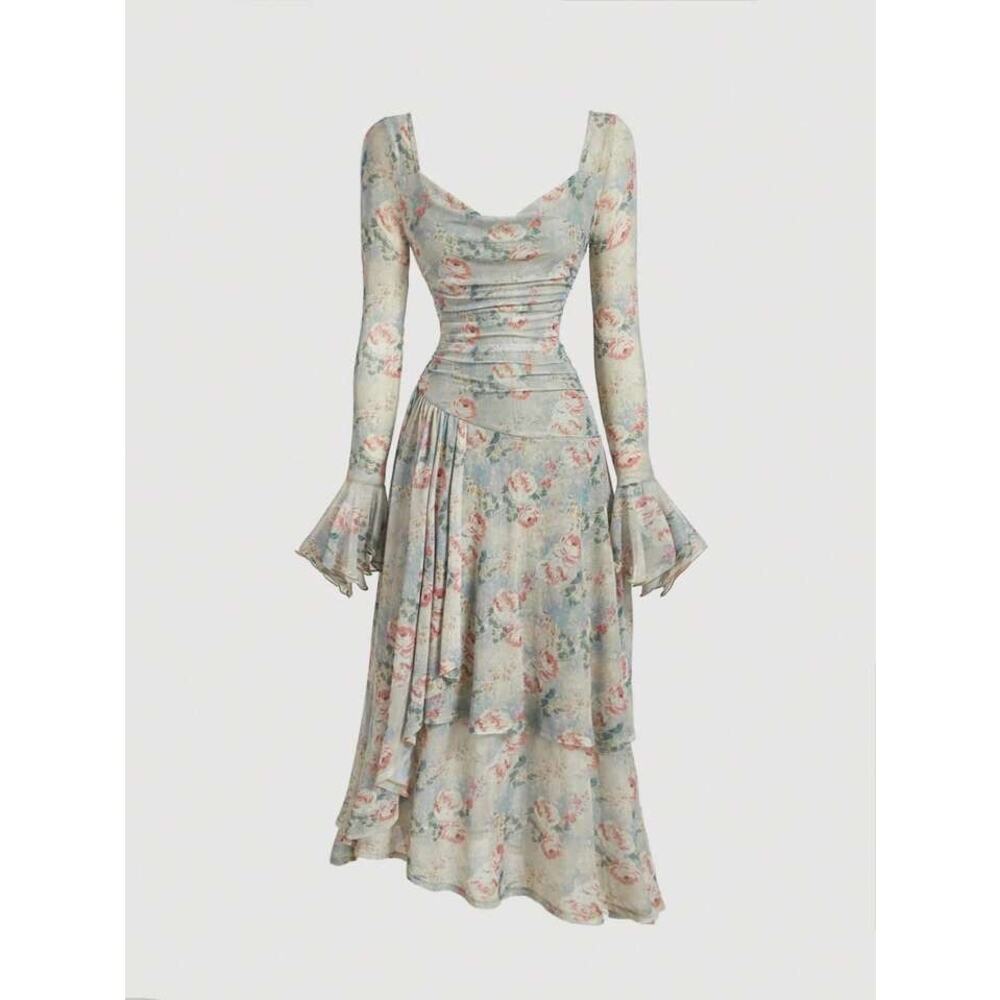 SHEIN Curve Floral Midi Dress 1XL Ruched Cowl Neck Fairycore Boho